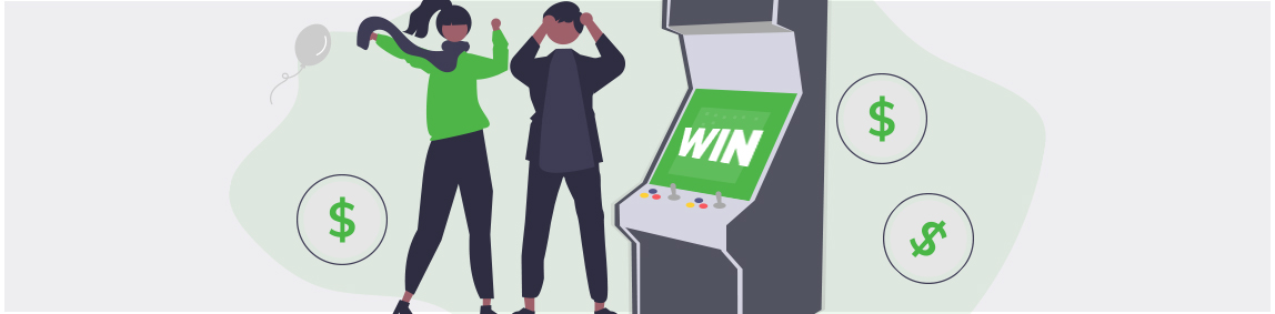 Two people winning on a slot machine.