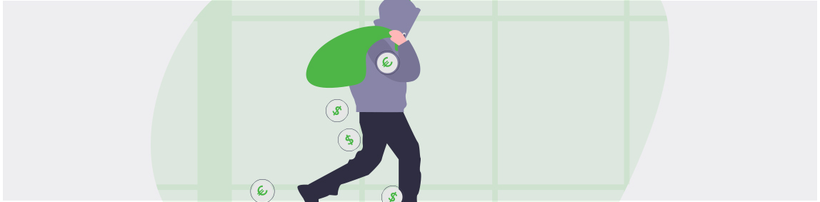 A person dressed as a thief/burglar sneaking off with a sack of money