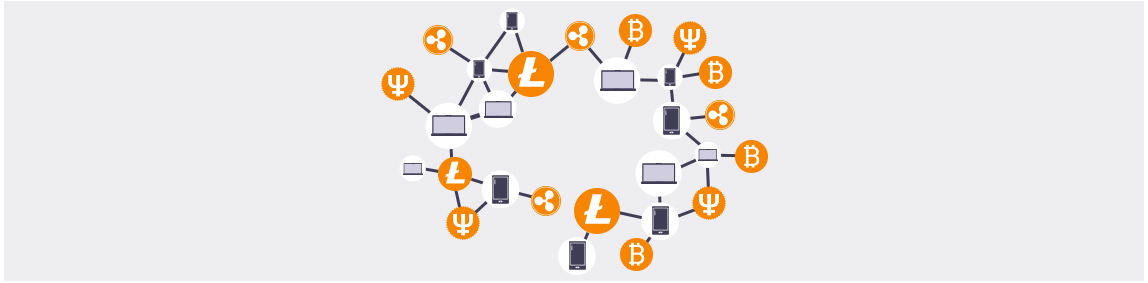 Bunch of different cryptocurrency coins as well as digital blocks interconnected to represent blockchain.