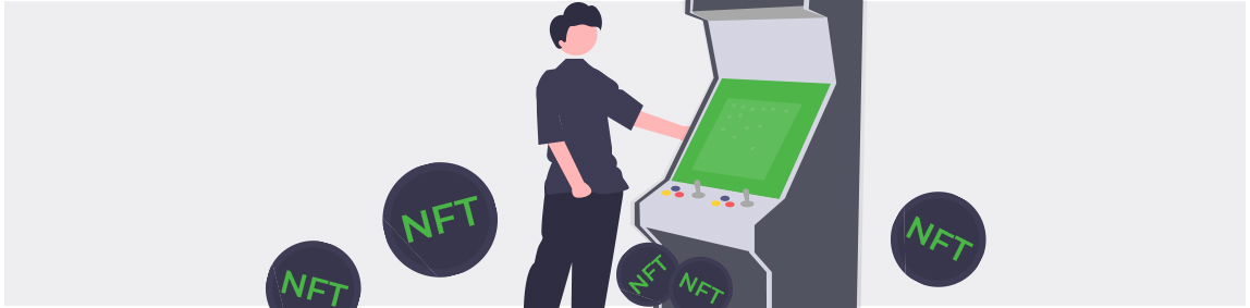A person pulling a slot lever and winning "NFT" tokens from a slot