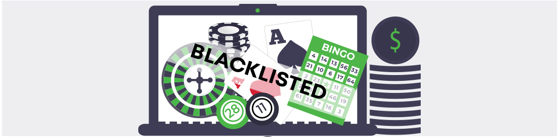 a computer screen with gambling games and the word “Blacklisted” stamped across it