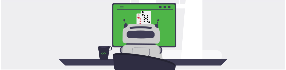 A robot sitting at a table playing cards against a human